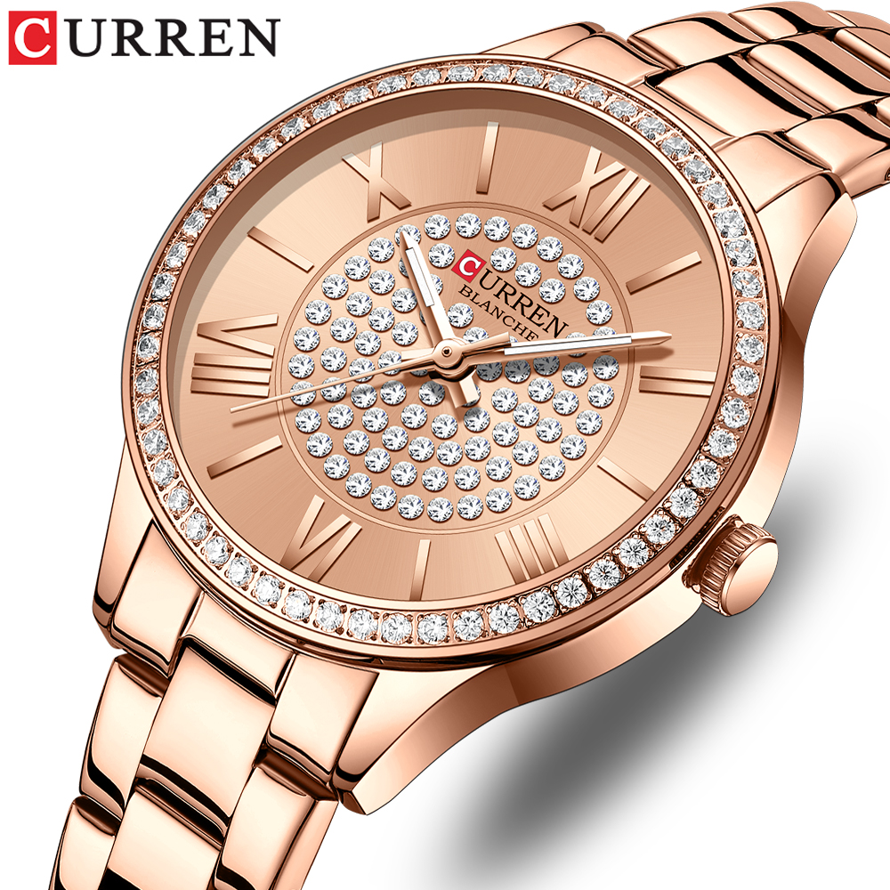 CURREN Luxury Brand Golden Dial Watches for Women with Stainless Steel Band Fashion Rhinestones Ladies Wristwatch with Luminous